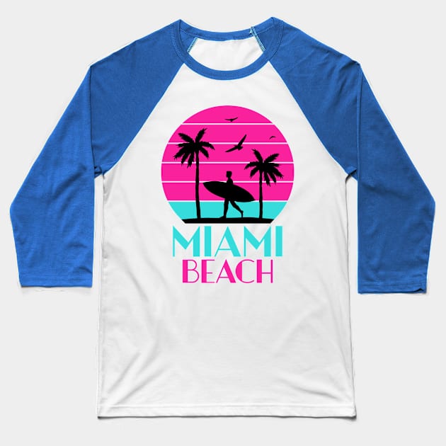 Miami beach palm tree and sufer Baseball T-Shirt by Cute Tees Kawaii